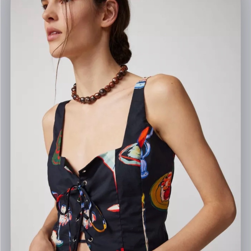 Lisa Says Gah Black Printed Lace-Up Cami with Multicolor Motifs